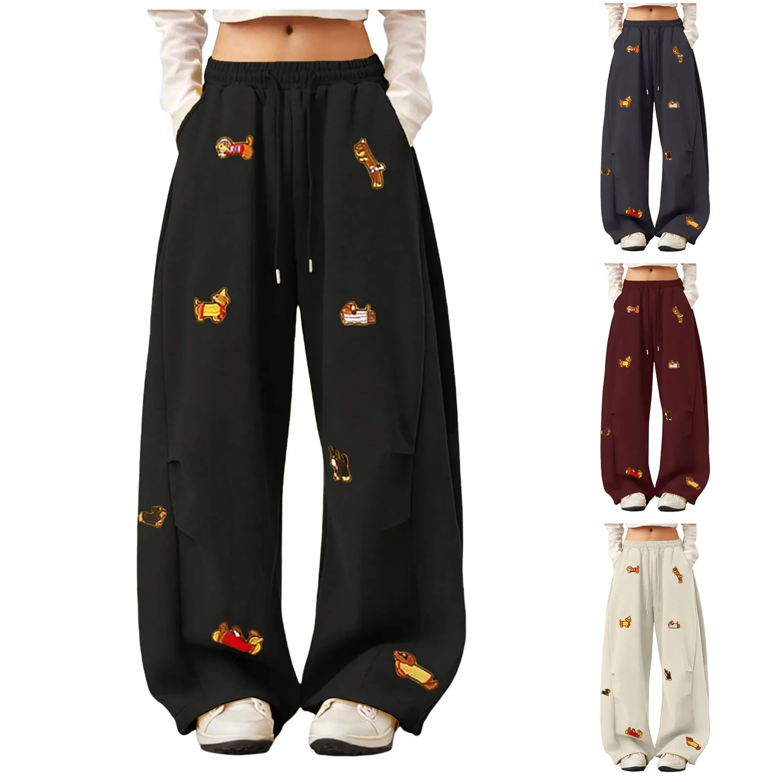High Street Embroidered Sausage Dog Pants Y2k Women's Harajuku Loose Straight Leg Comfort Sweatpants Female Jogging Long Pants
