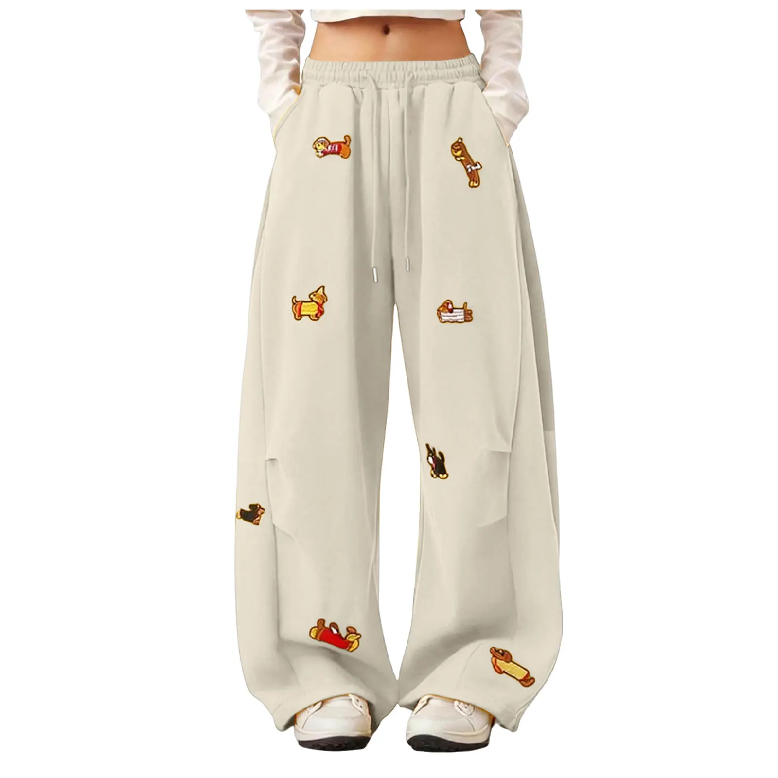 High Street Embroidered Sausage Dog Pants Y2k Women's Harajuku Loose Straight Leg Comfort Sweatpants Female Jogging Long Pants