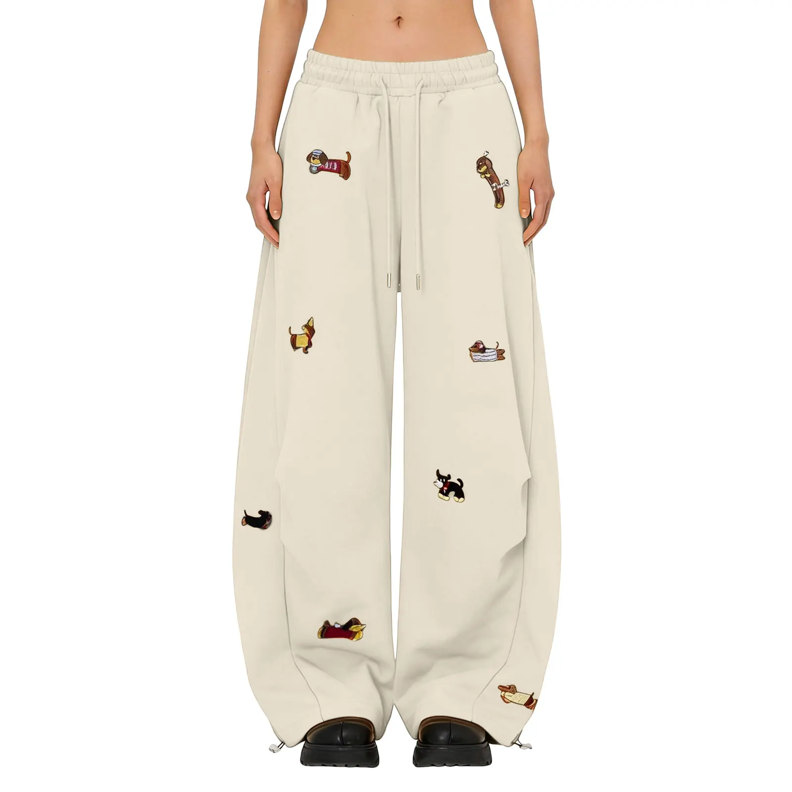 High Street Embroidered Sausage Dog Pants Y2k Women's Harajuku Loose Straight Leg Comfort Sweatpants Female Jogging Long Pants