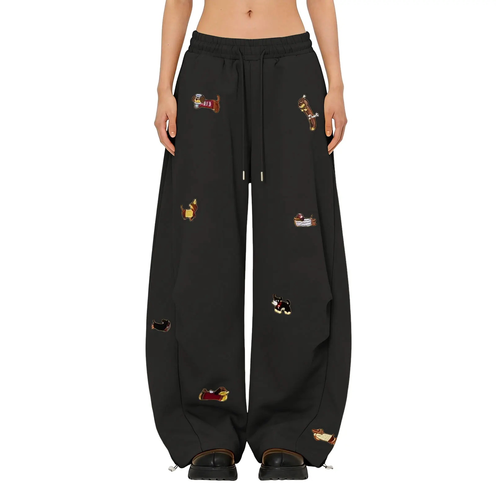 High Street Embroidered Sausage Dog Pants Y2k Women's Harajuku Loose Straight Leg Comfort Sweatpants Female Jogging Long Pants
