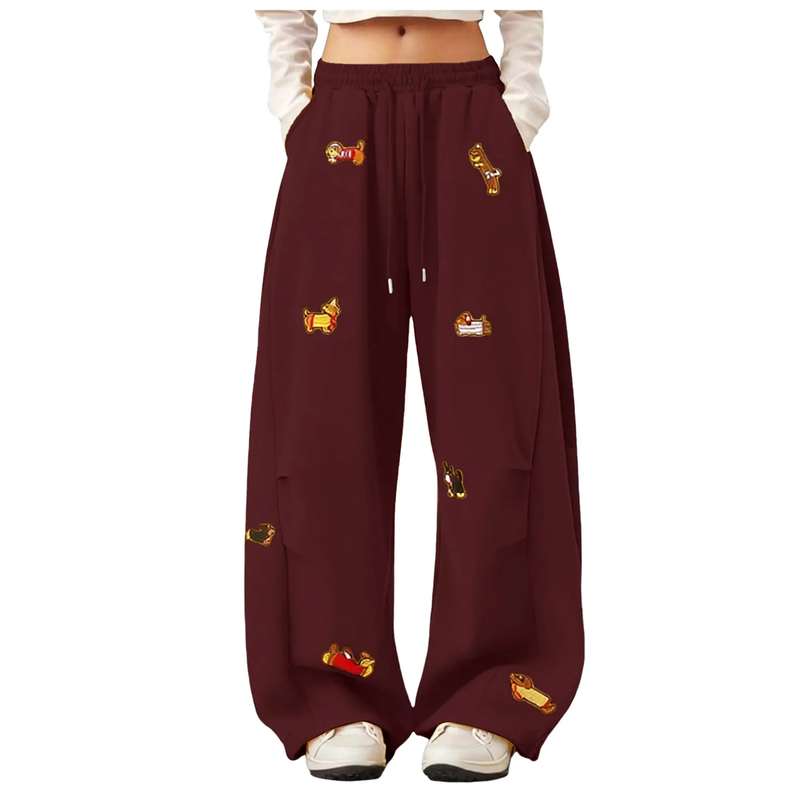 High Street Embroidered Sausage Dog Pants Y2k Women's Harajuku Loose Straight Leg Comfort Sweatpants Female Jogging Long Pants