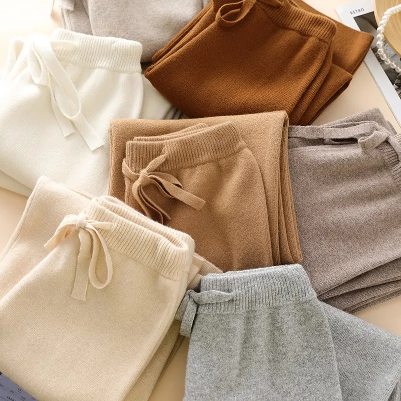 High Waist Fine Wool Wide-Leg Pants Women's Temperament Mop Pants Outer Wear Draping Effect Soft Glutinous Knitted Trousers
