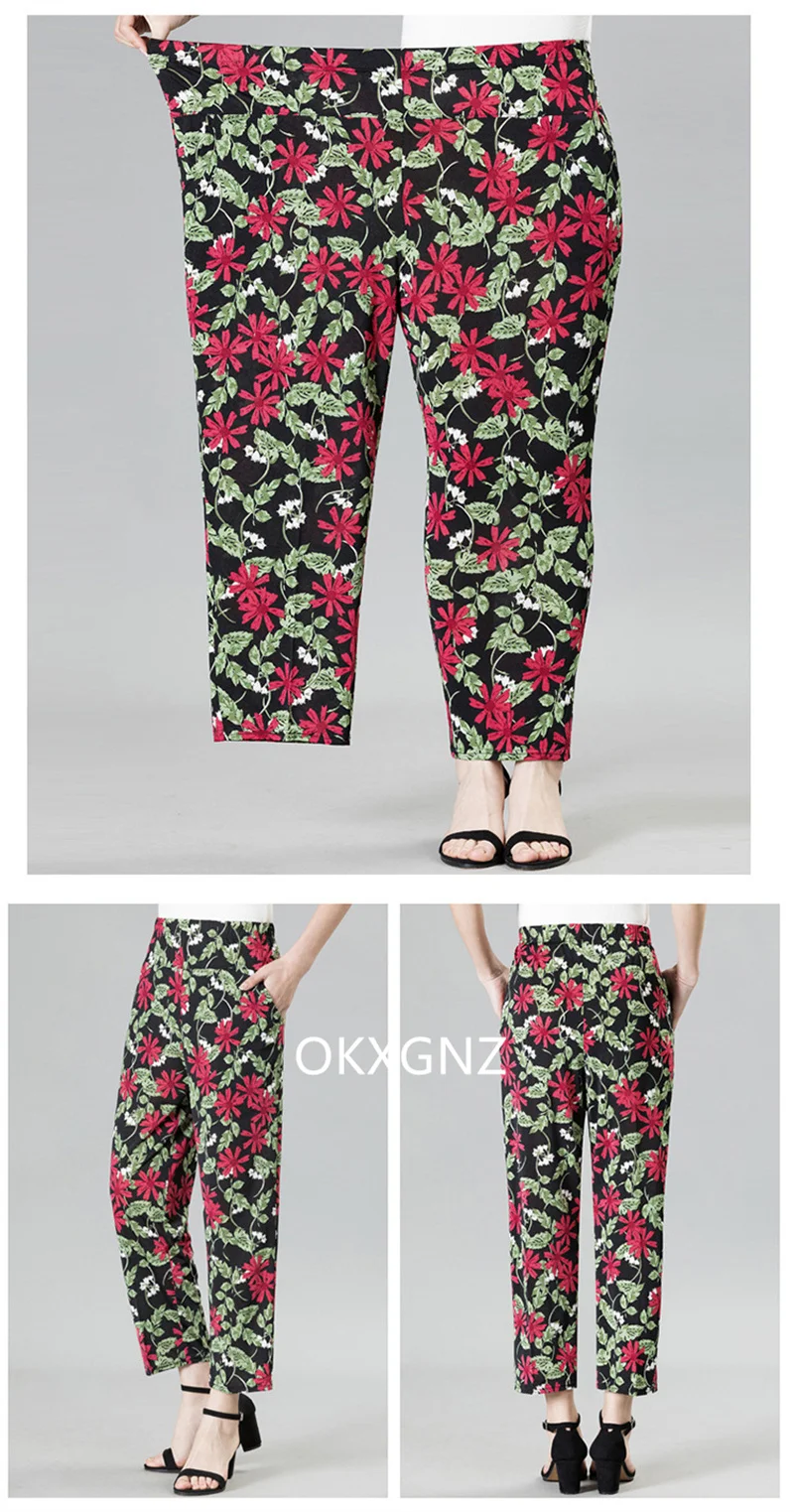 XL-8XL Women Summer Pants 2026 New Fashion Print Thin Ice Silk Straight Pants Middle aged Female High Waist Elastic Casual Pants