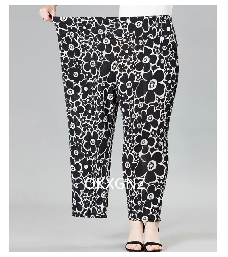 XL-8XL Women Summer Pants 2026 New Fashion Print Thin Ice Silk Straight Pants Middle aged Female High Waist Elastic Casual Pants