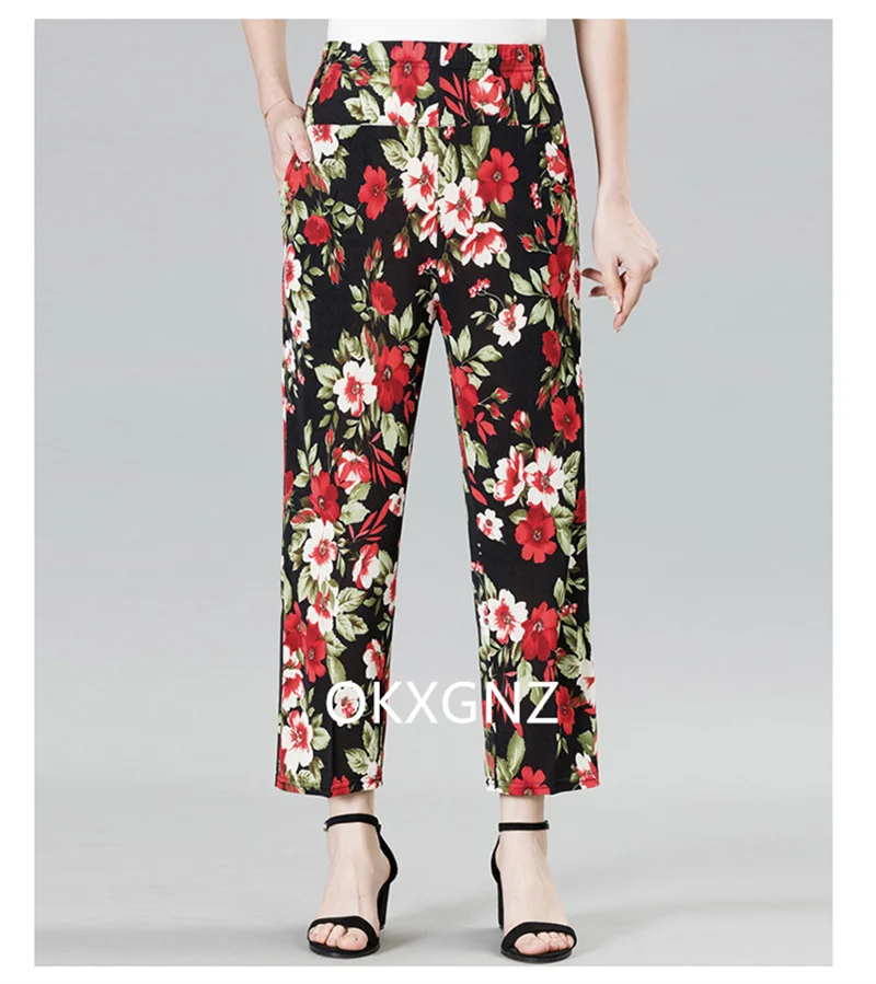 XL-8XL Women Summer Pants 2026 New Fashion Print Thin Ice Silk Straight Pants Middle aged Female High Waist Elastic Casual Pants