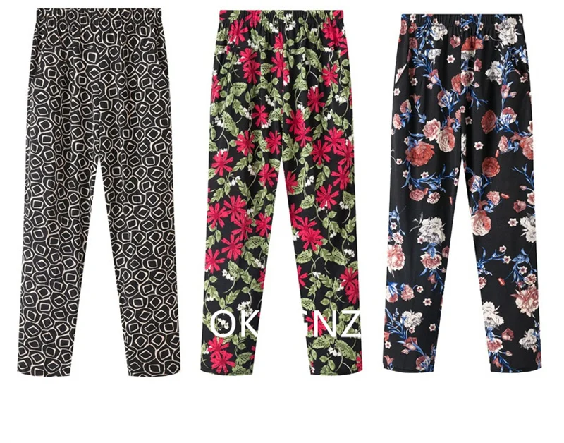 XL-8XL Women Summer Pants 2026 New Fashion Print Thin Ice Silk Straight Pants Middle aged Female High Waist Elastic Casual Pants