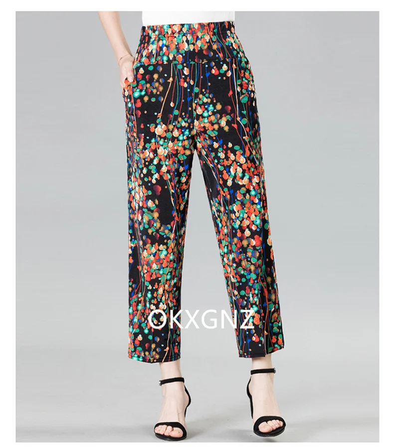 XL-8XL Women Summer Pants 2026 New Fashion Print Thin Ice Silk Straight Pants Middle aged Female High Waist Elastic Casual Pants