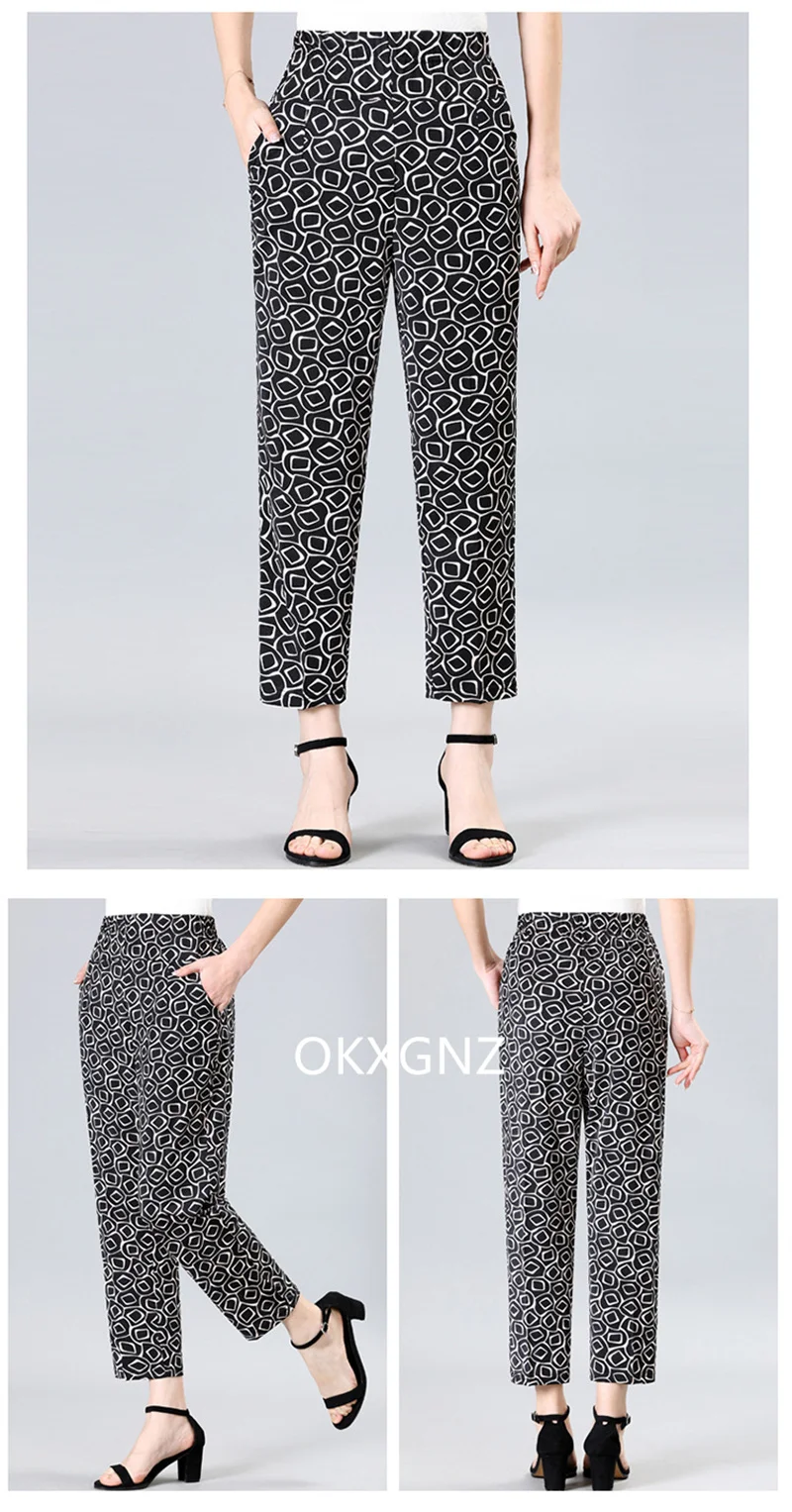 XL-8XL Women Summer Pants 2026 New Fashion Print Thin Ice Silk Straight Pants Middle aged Female High Waist Elastic Casual Pants