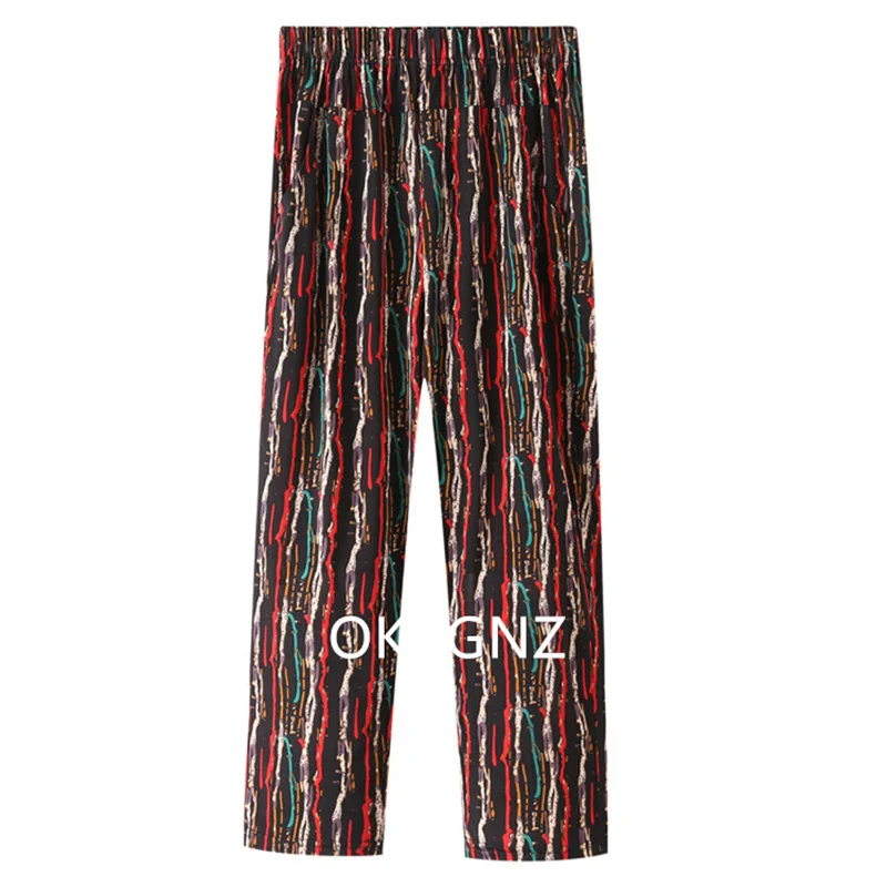 XL-8XL Women Summer Pants 2026 New Fashion Print Thin Ice Silk Straight Pants Middle aged Female High Waist Elastic Casual Pants