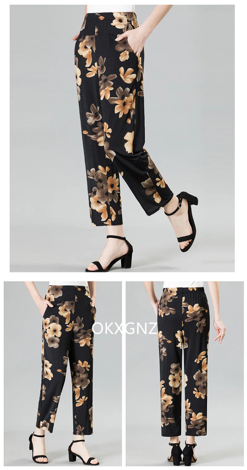 XL-8XL Women Summer Pants 2026 New Fashion Print Thin Ice Silk Straight Pants Middle aged Female High Waist Elastic Casual Pants