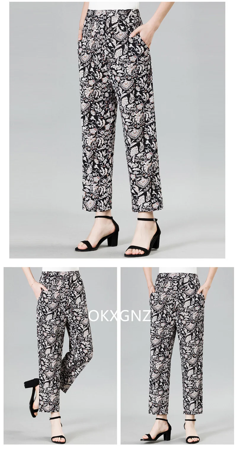 XL-8XL Women Summer Pants 2026 New Fashion Print Thin Ice Silk Straight Pants Middle aged Female High Waist Elastic Casual Pants