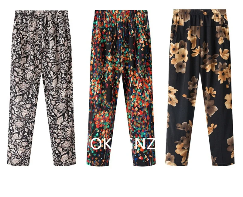 XL-8XL Women Summer Pants 2026 New Fashion Print Thin Ice Silk Straight Pants Middle aged Female High Waist Elastic Casual Pants