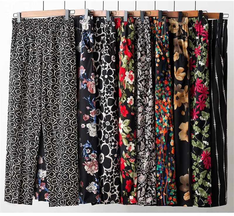 XL-8XL Women Summer Pants 2026 New Fashion Print Thin Ice Silk Straight Pants Middle aged Female High Waist Elastic Casual Pants