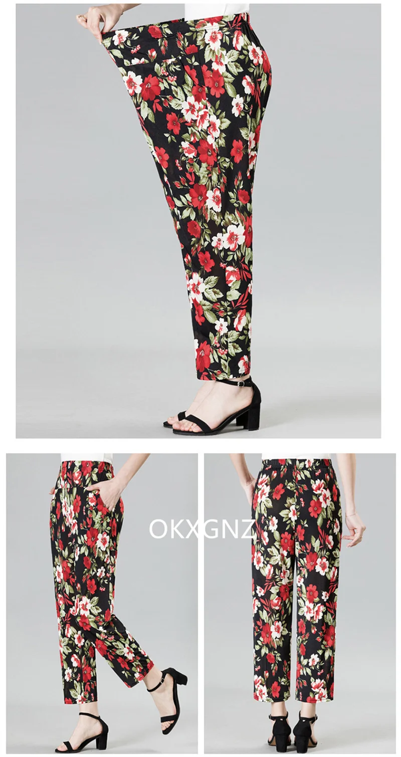 XL-8XL Women Summer Pants 2026 New Fashion Print Thin Ice Silk Straight Pants Middle aged Female High Waist Elastic Casual Pants