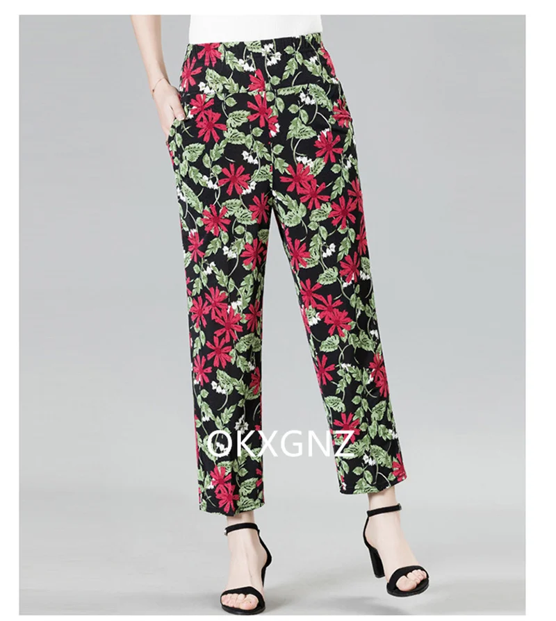 XL-8XL Women Summer Pants 2026 New Fashion Print Thin Ice Silk Straight Pants Middle aged Female High Waist Elastic Casual Pants