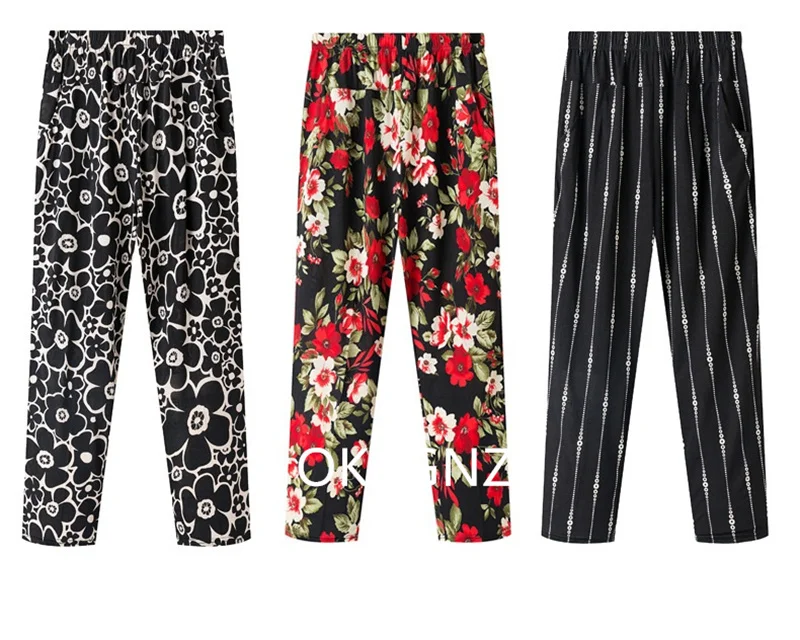 XL-8XL Women Summer Pants 2026 New Fashion Print Thin Ice Silk Straight Pants Middle aged Female High Waist Elastic Casual Pants