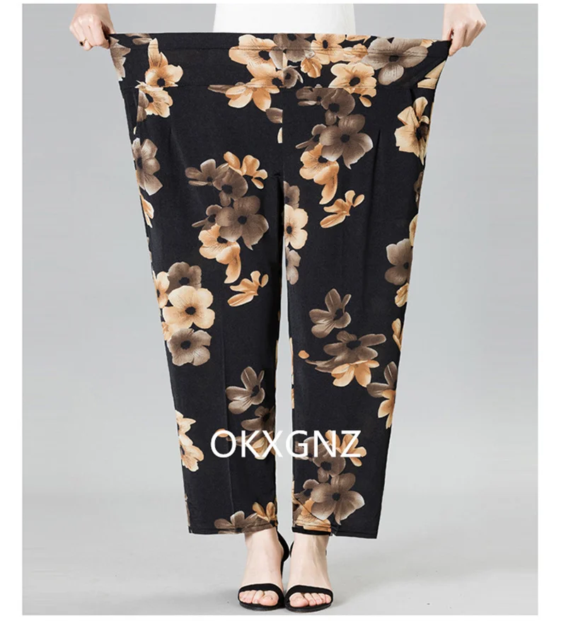 XL-8XL Women Summer Pants 2026 New Fashion Print Thin Ice Silk Straight Pants Middle aged Female High Waist Elastic Casual Pants