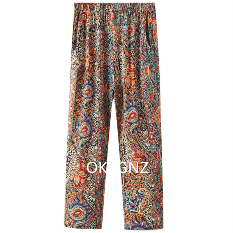 XL-8XL Women Summer Pants 2026 New Fashion Print Thin Ice Silk Straight Pants Middle aged Female High Waist Elastic Casual Pants