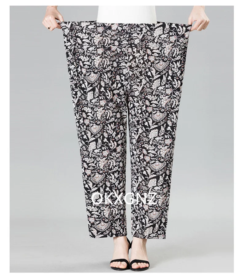 XL-8XL Women Summer Pants 2026 New Fashion Print Thin Ice Silk Straight Pants Middle aged Female High Waist Elastic Casual Pants