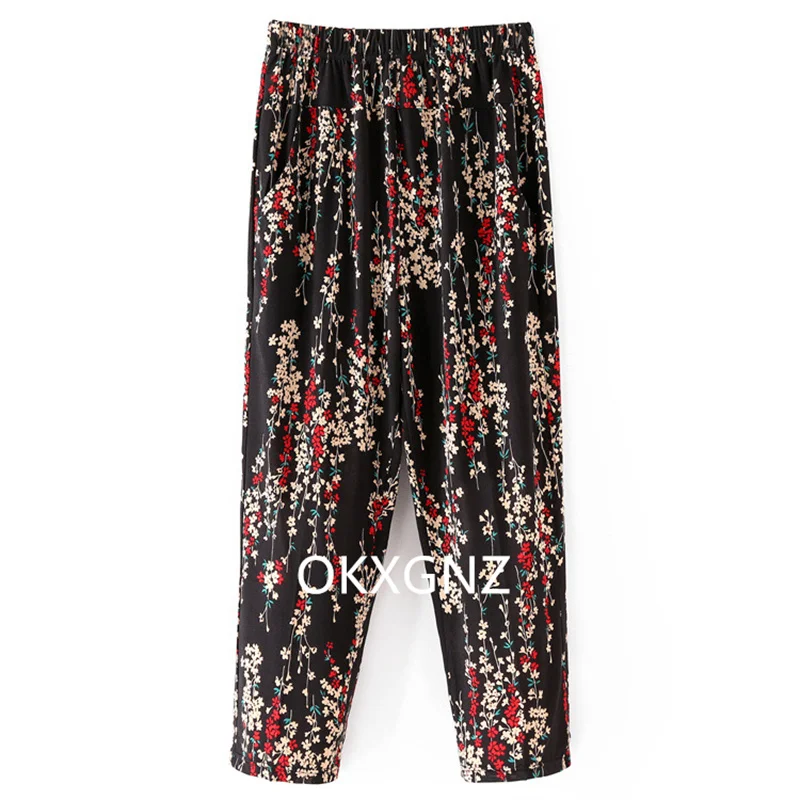 XL-8XL Women Summer Pants 2026 New Fashion Print Thin Ice Silk Straight Pants Middle aged Female High Waist Elastic Casual Pants