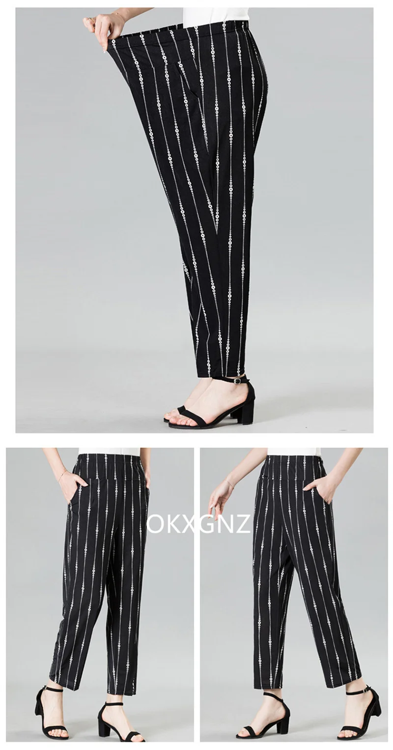 XL-8XL Women Summer Pants 2026 New Fashion Print Thin Ice Silk Straight Pants Middle aged Female High Waist Elastic Casual Pants