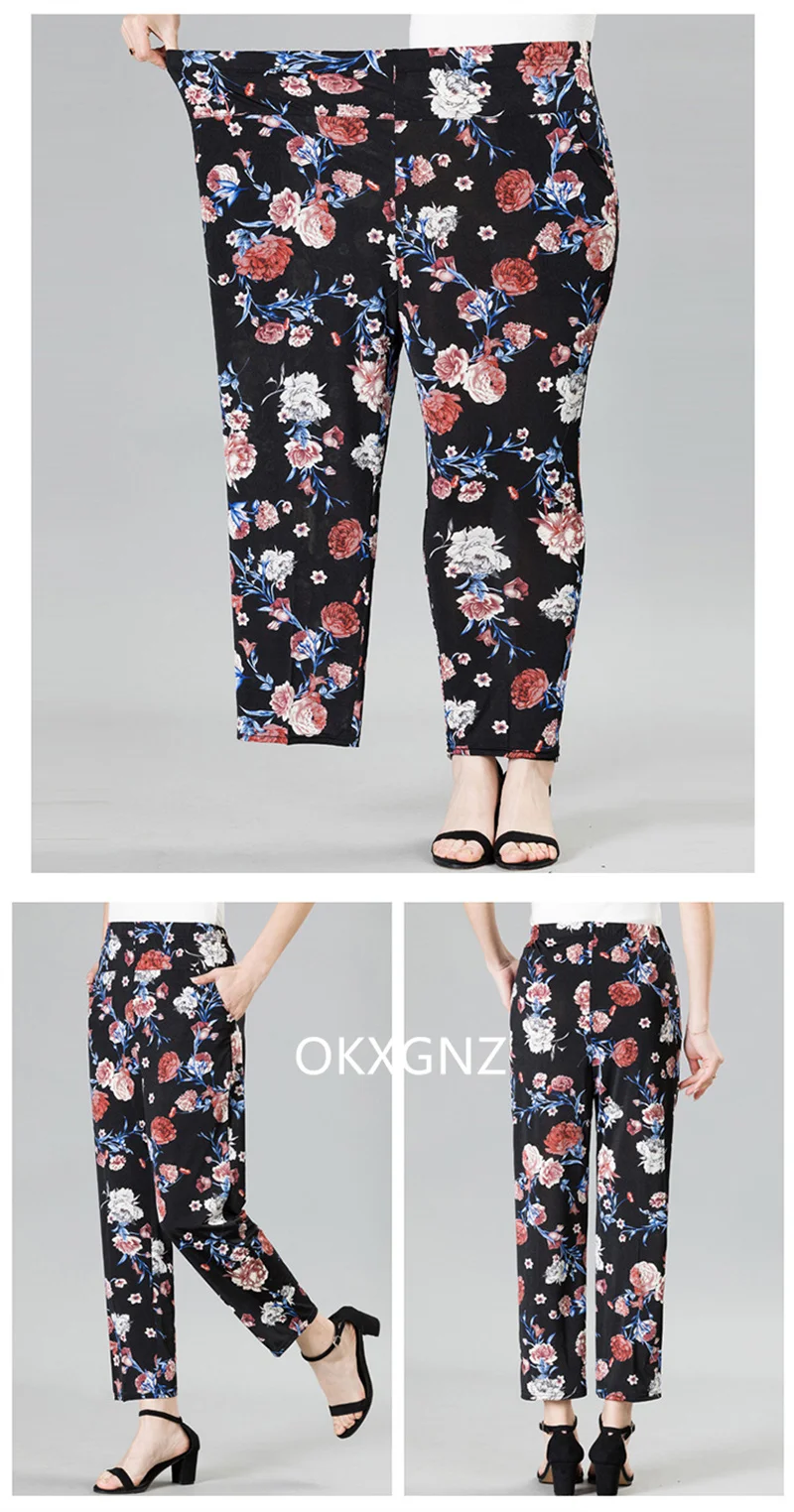 XL-8XL Women Summer Pants 2026 New Fashion Print Thin Ice Silk Straight Pants Middle aged Female High Waist Elastic Casual Pants