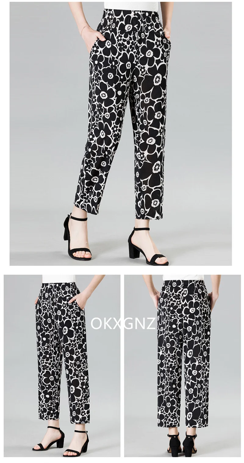 XL-8XL Women Summer Pants 2026 New Fashion Print Thin Ice Silk Straight Pants Middle aged Female High Waist Elastic Casual Pants