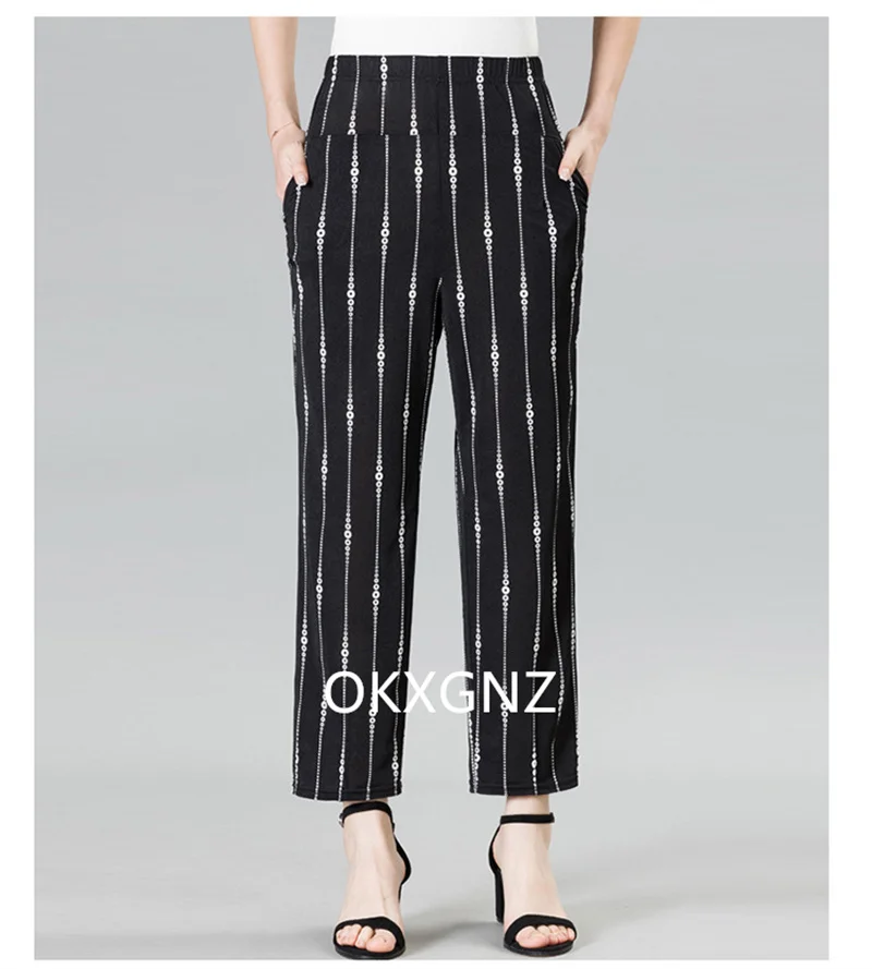 XL-8XL Women Summer Pants 2026 New Fashion Print Thin Ice Silk Straight Pants Middle aged Female High Waist Elastic Casual Pants