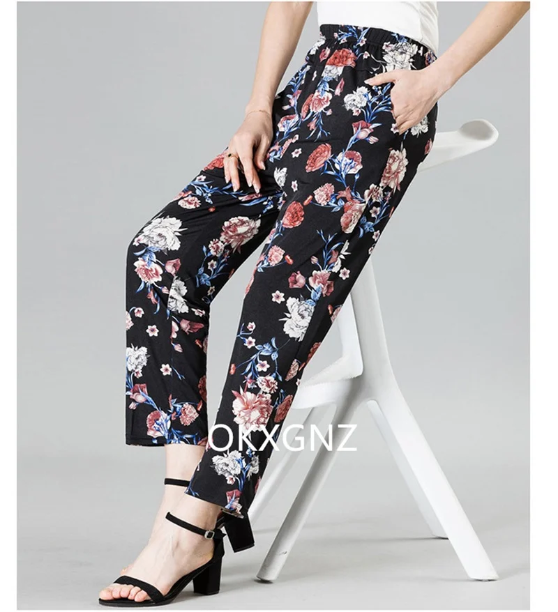 XL-8XL Women Summer Pants 2026 New Fashion Print Thin Ice Silk Straight Pants Middle aged Female High Waist Elastic Casual Pants
