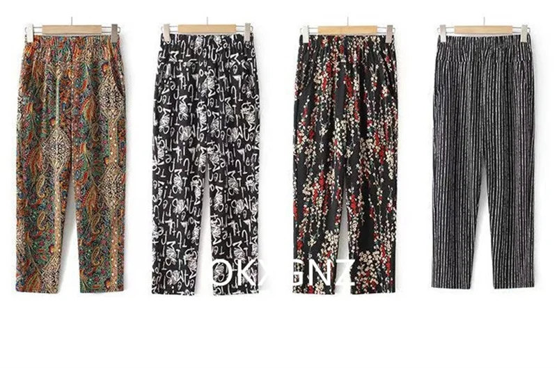 XL-8XL Women Summer Pants 2026 New Fashion Print Thin Ice Silk Straight Pants Middle aged Female High Waist Elastic Casual Pants