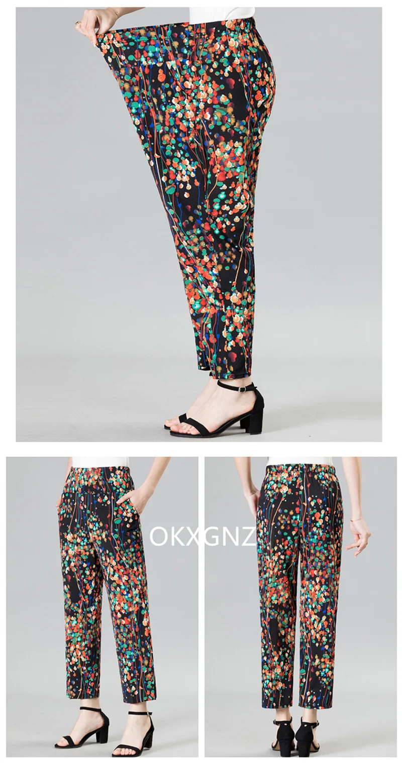 XL-8XL Women Summer Pants 2026 New Fashion Print Thin Ice Silk Straight Pants Middle aged Female High Waist Elastic Casual Pants