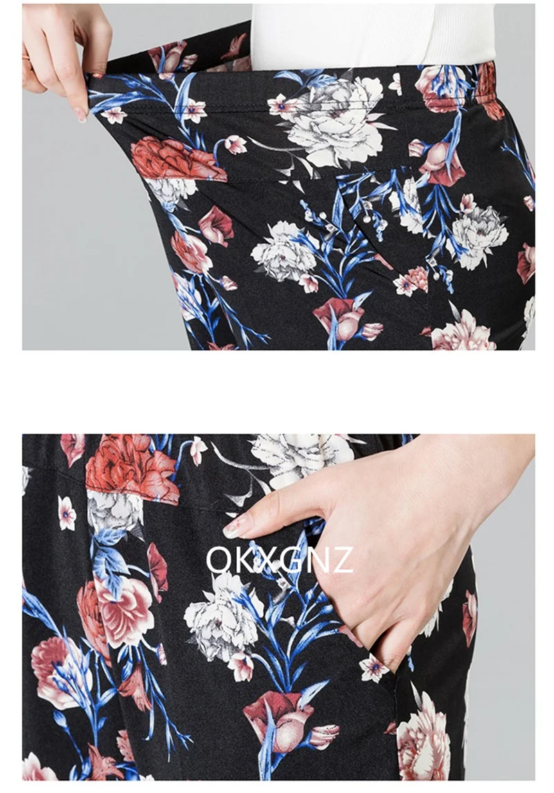 XL-8XL Women Summer Pants 2026 New Fashion Print Thin Ice Silk Straight Pants Middle aged Female High Waist Elastic Casual Pants