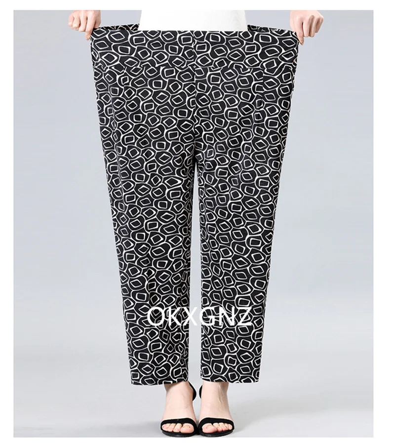 XL-8XL Women Summer Pants 2026 New Fashion Print Thin Ice Silk Straight Pants Middle aged Female High Waist Elastic Casual Pants
