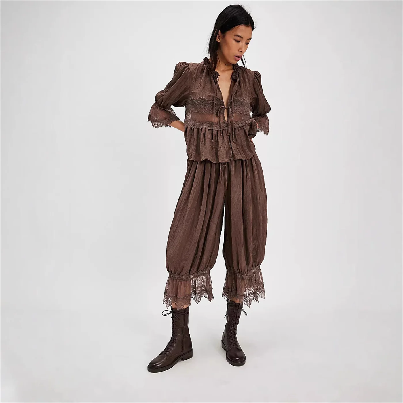 Summer Y2K Bloomers Pants Casual Women Loose Vintage Drawstring Wide Leg Trousers Lace Patchwork Calf-Length Lantern Trousers