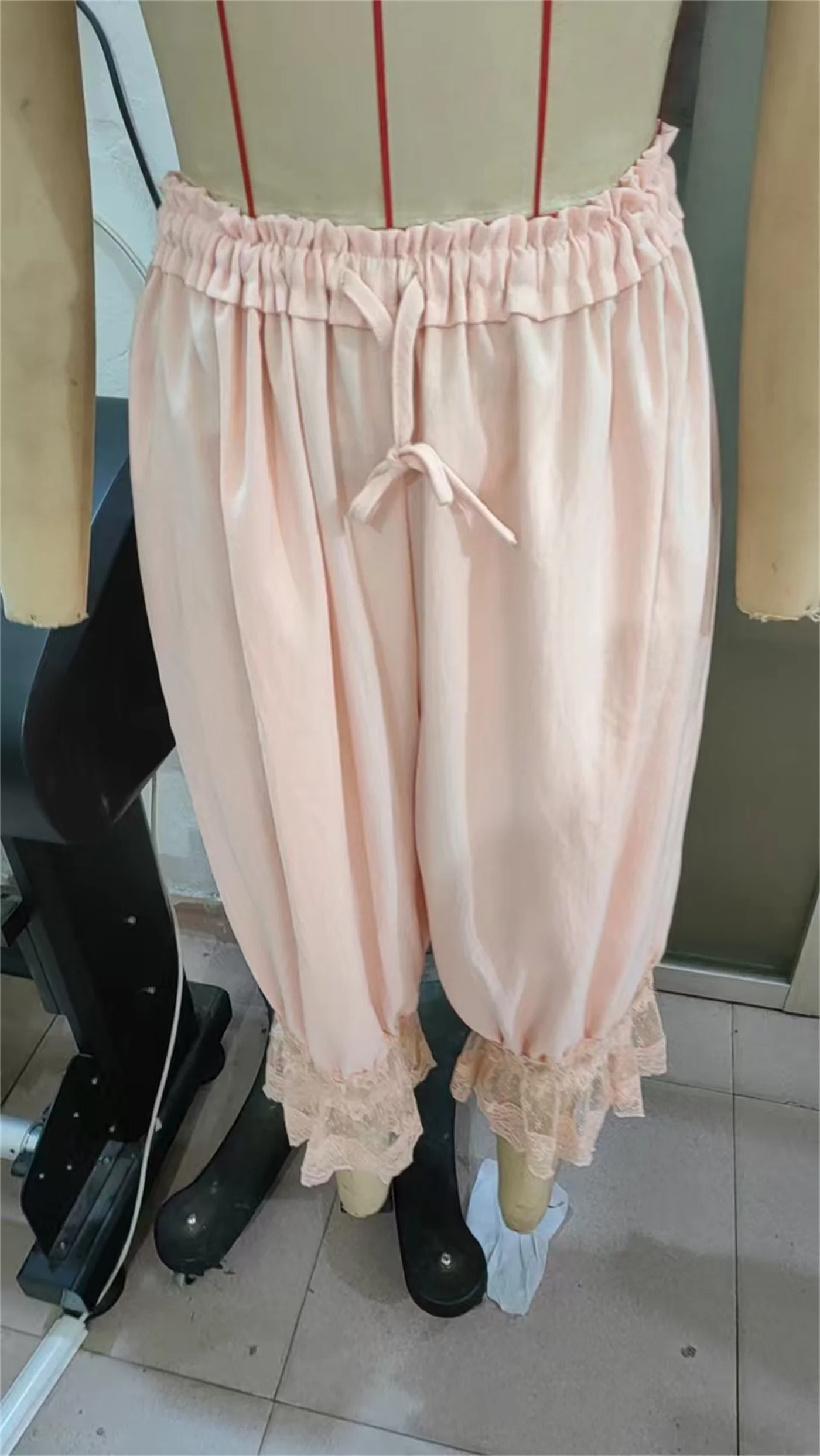 Summer Y2K Bloomers Pants Casual Women Loose Vintage Drawstring Wide Leg Trousers Lace Patchwork Calf-Length Lantern Trousers