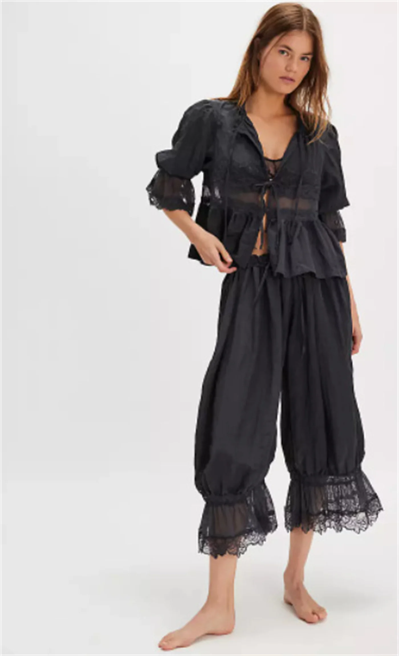 Summer Y2K Bloomers Pants Casual Women Loose Vintage Drawstring Wide Leg Trousers Lace Patchwork Calf-Length Lantern Trousers