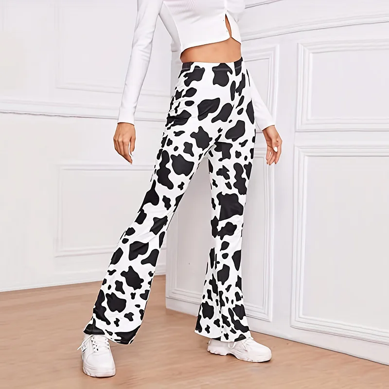 Women's milk cow printed bell bottomed pants with elastic casual sexy and comfortable pants