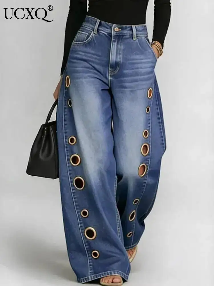 UCXQ Casual Solid Wide Leg Jeans Grommet Button High-Waisted Versatile Clothes 2026 Fashion Tide Summer Women's New 23Z5809