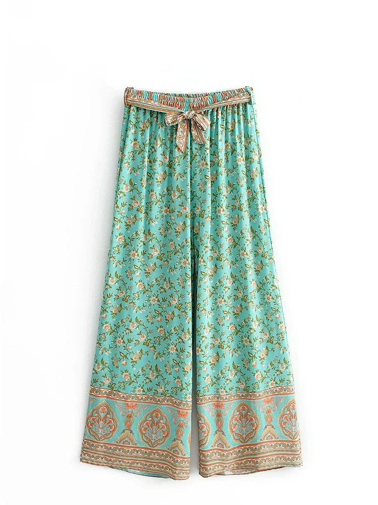 Boho Queens Women Green Floral Print Bohemian Wide Leg Pants Lady Elastic Waist Loose Rayon Boho Long Pant Oversize Trousers
