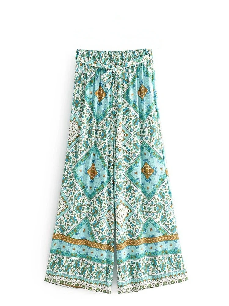 Boho Queens Women Green Floral Print Bohemian Wide Leg Pants Lady Elastic Waist Loose Rayon Boho Long Pant Oversize Trousers