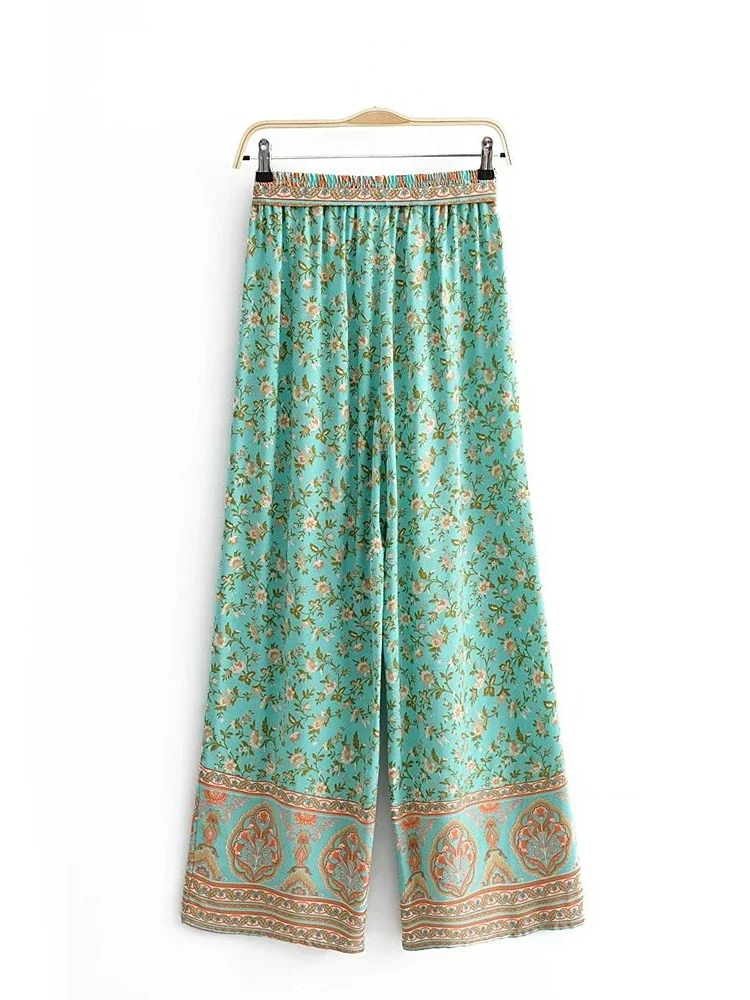 Boho Queens Women Green Floral Print Bohemian Wide Leg Pants Lady Elastic Waist Loose Rayon Boho Long Pant Oversize Trousers