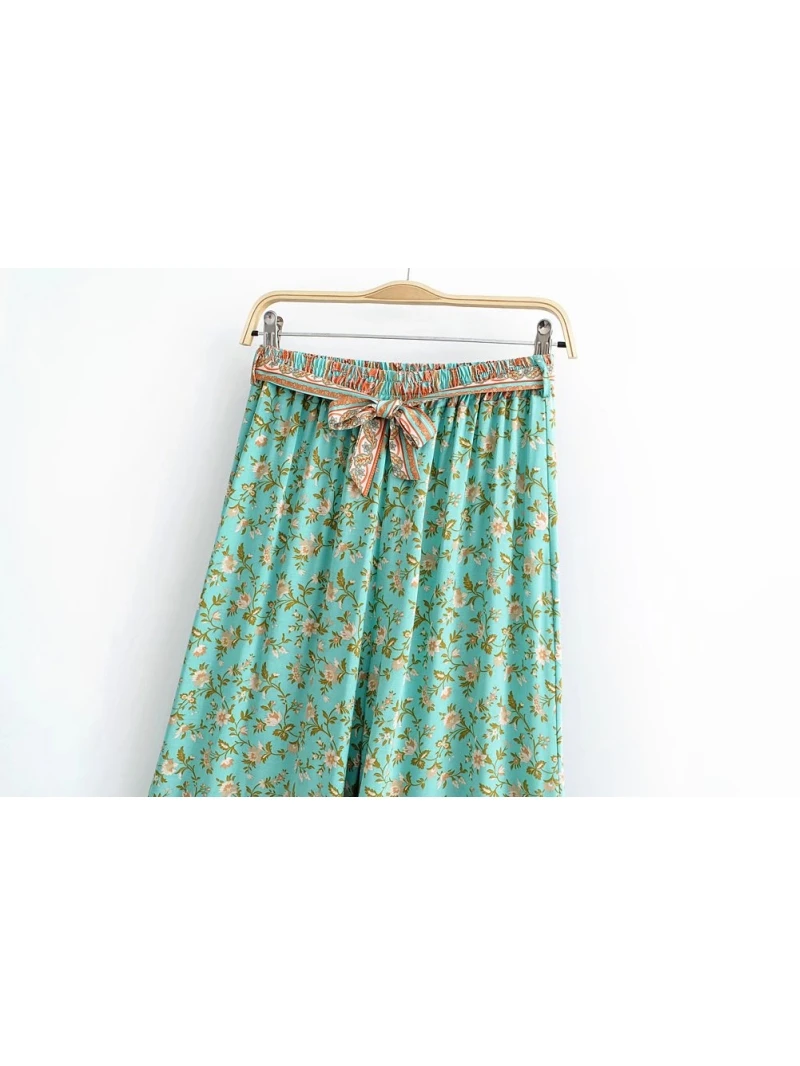 Boho Queens Women Green Floral Print Bohemian Wide Leg Pants Lady Elastic Waist Loose Rayon Boho Long Pant Oversize Trousers