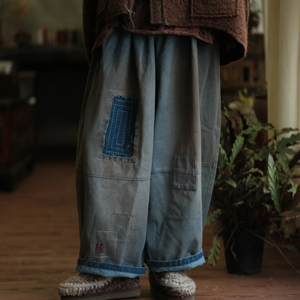 Johnature Women Vintage Patchwork Denim Wide Leg Pants Elastic Waist Loose Spring Trousers 2025 New Casual Long Pants
