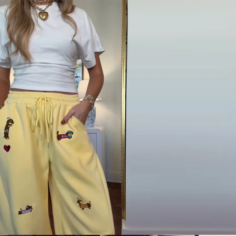 2025 Fashion New Trendy Pants For Lady Casual Sausage Dog Pattern Loose Embroidery Trousers Autumn Hip Hop Straight Wide Pant