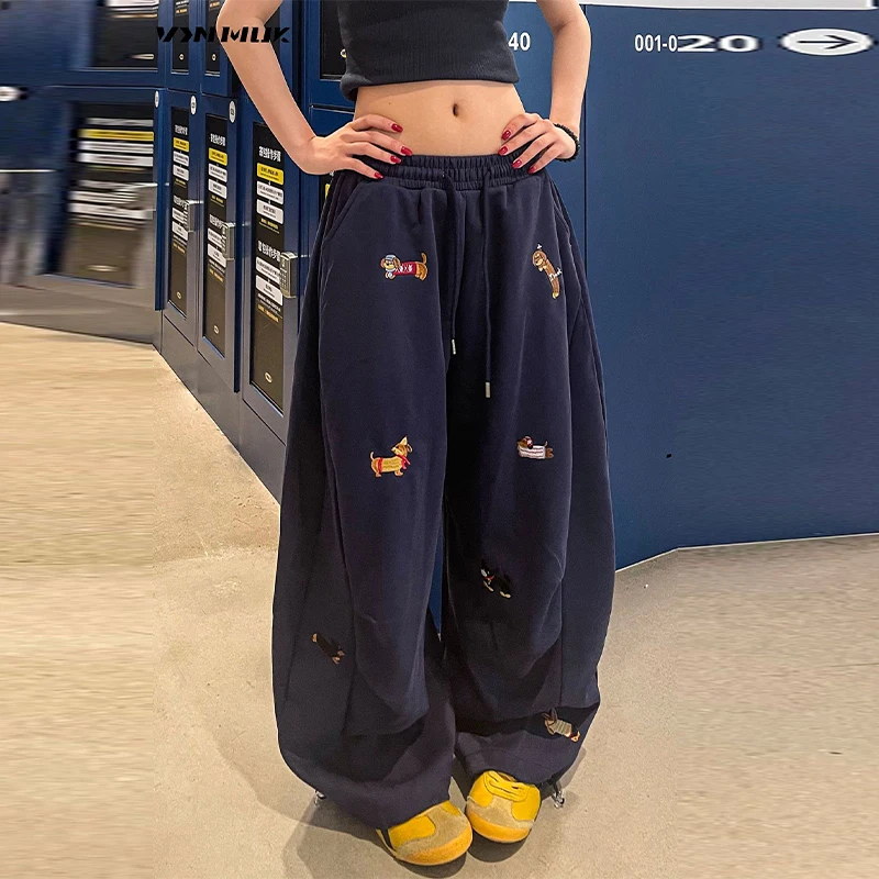 2025 Fashion New Trendy Pants For Lady Casual Sausage Dog Pattern Loose Embroidery Trousers Autumn Hip Hop Straight Wide Pant