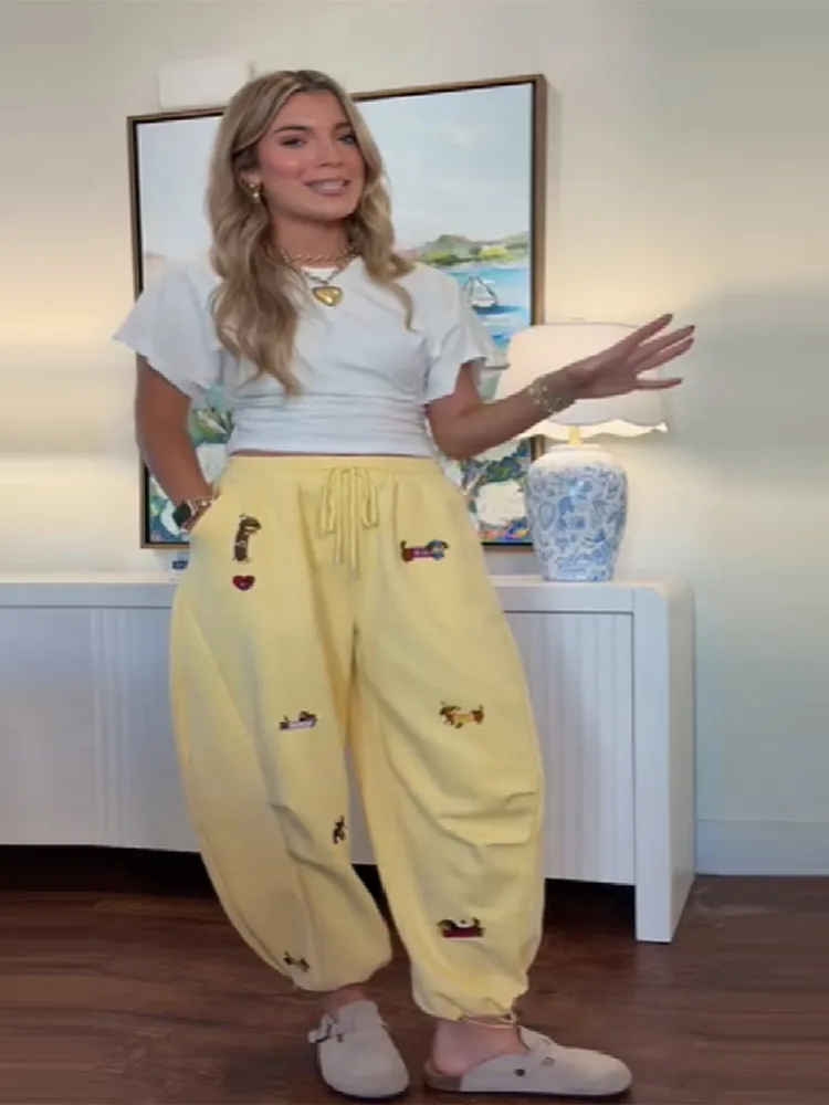 2025 Fashion New Trendy Pants For Lady Casual Sausage Dog Pattern Loose Embroidery Trousers Autumn Hip Hop Straight Wide Pant