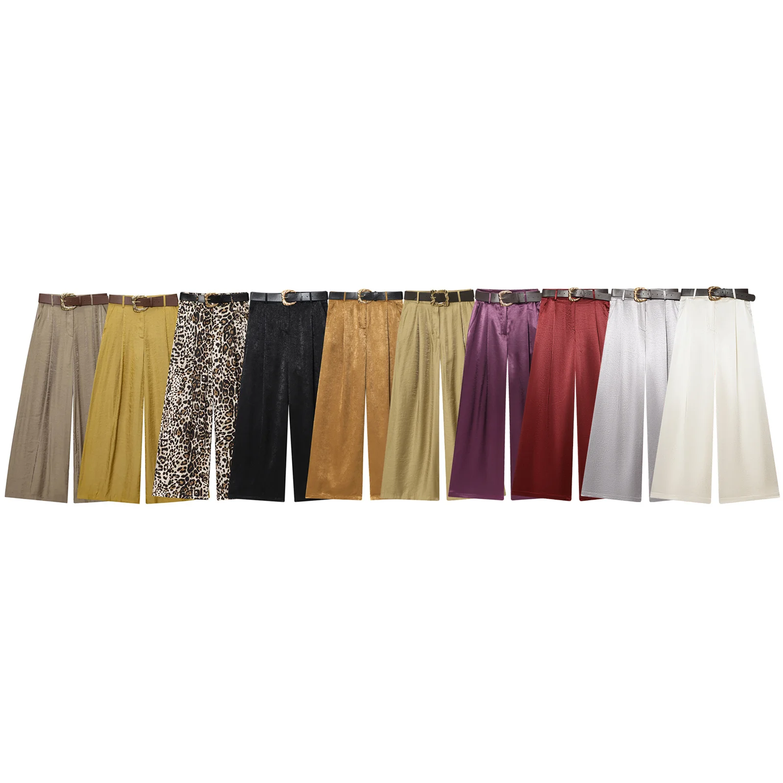 2026 New Fashion Women's Vintage Designer Smooth Satin Pants with Belt Lady Elegant High Waist Loose Wide Leg Straight Trousers
