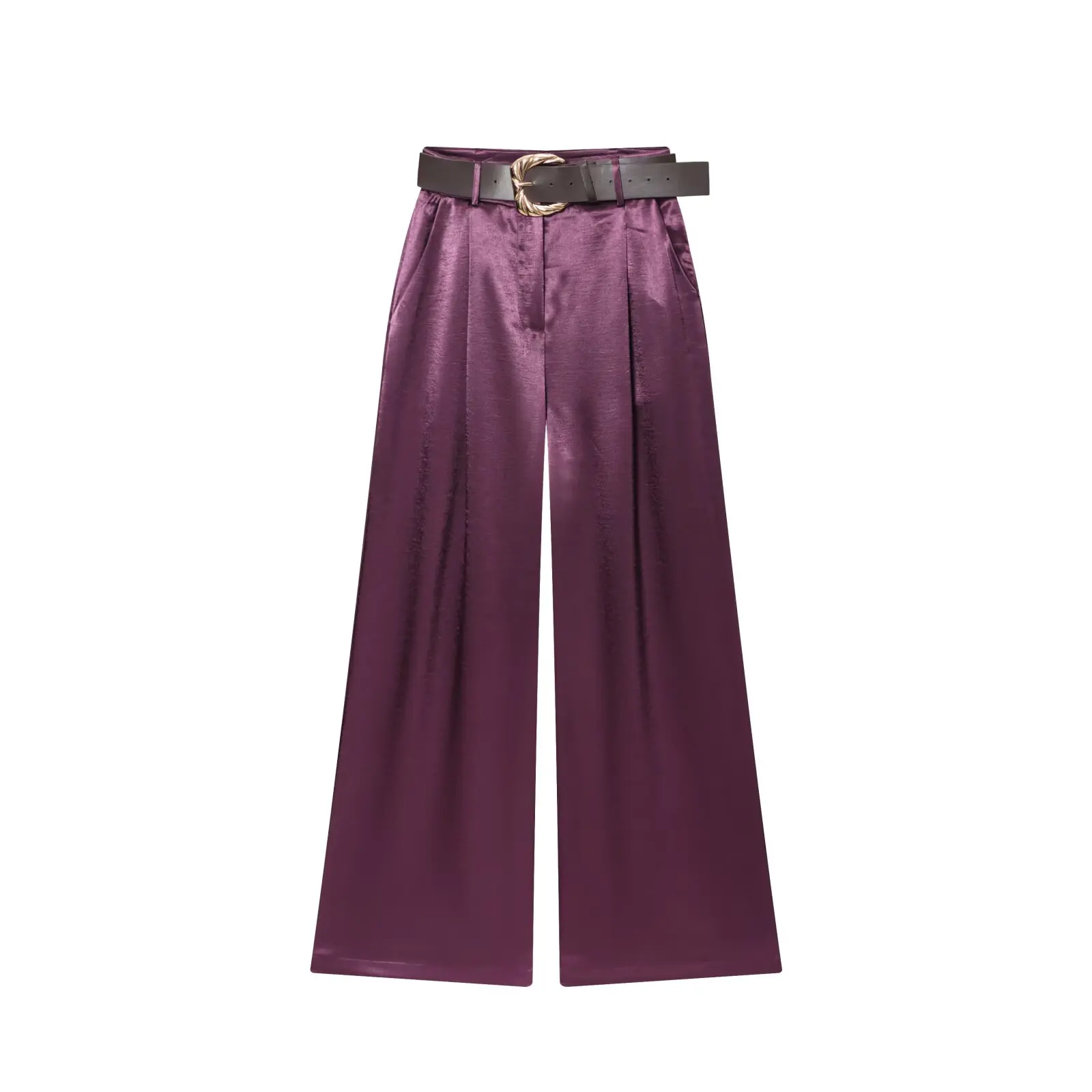 2026 New Fashion Women's Vintage Designer Smooth Satin Pants with Belt Lady Elegant High Waist Loose Wide Leg Straight Trousers