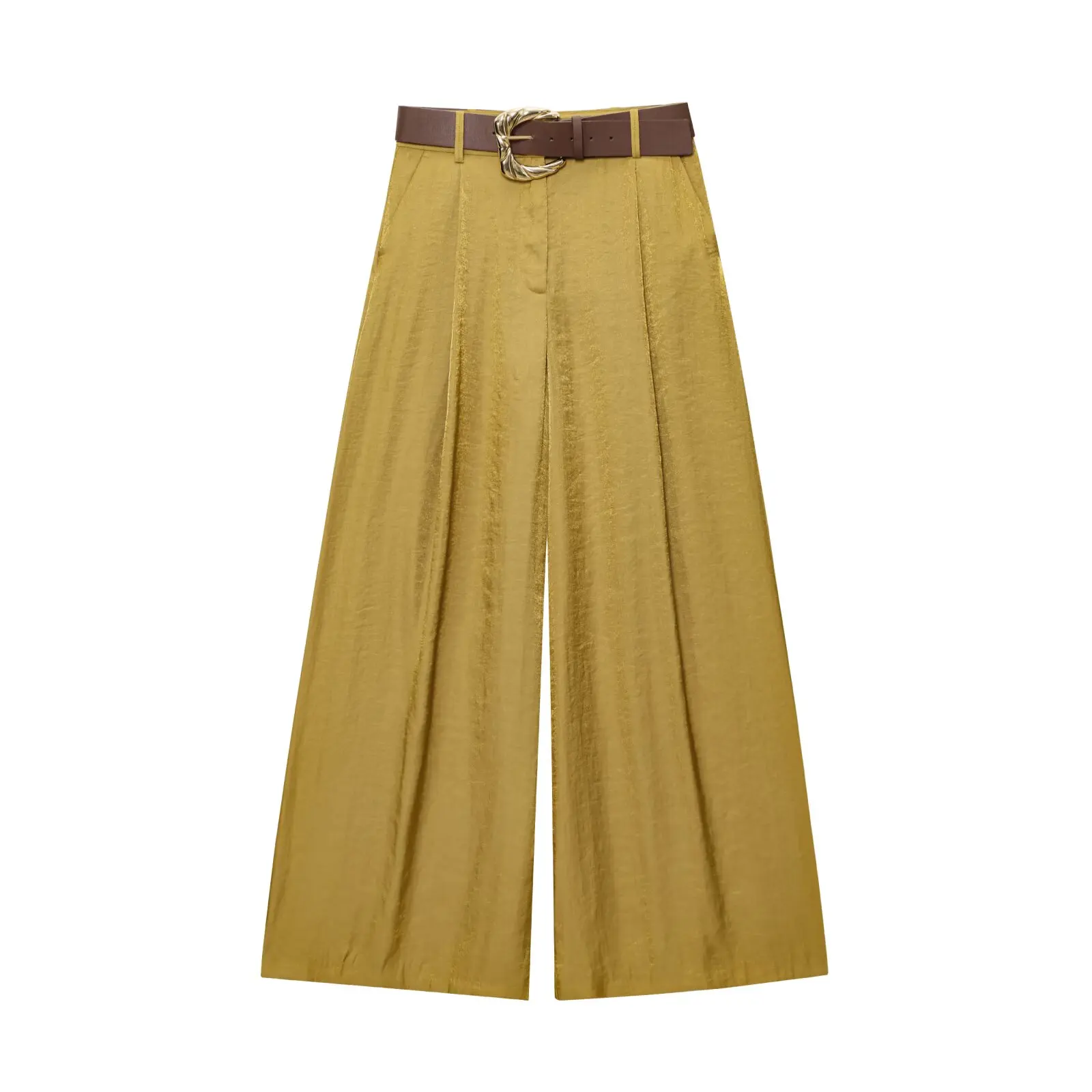 2026 New Fashion Women's Vintage Designer Smooth Satin Pants with Belt Lady Elegant High Waist Loose Wide Leg Straight Trousers