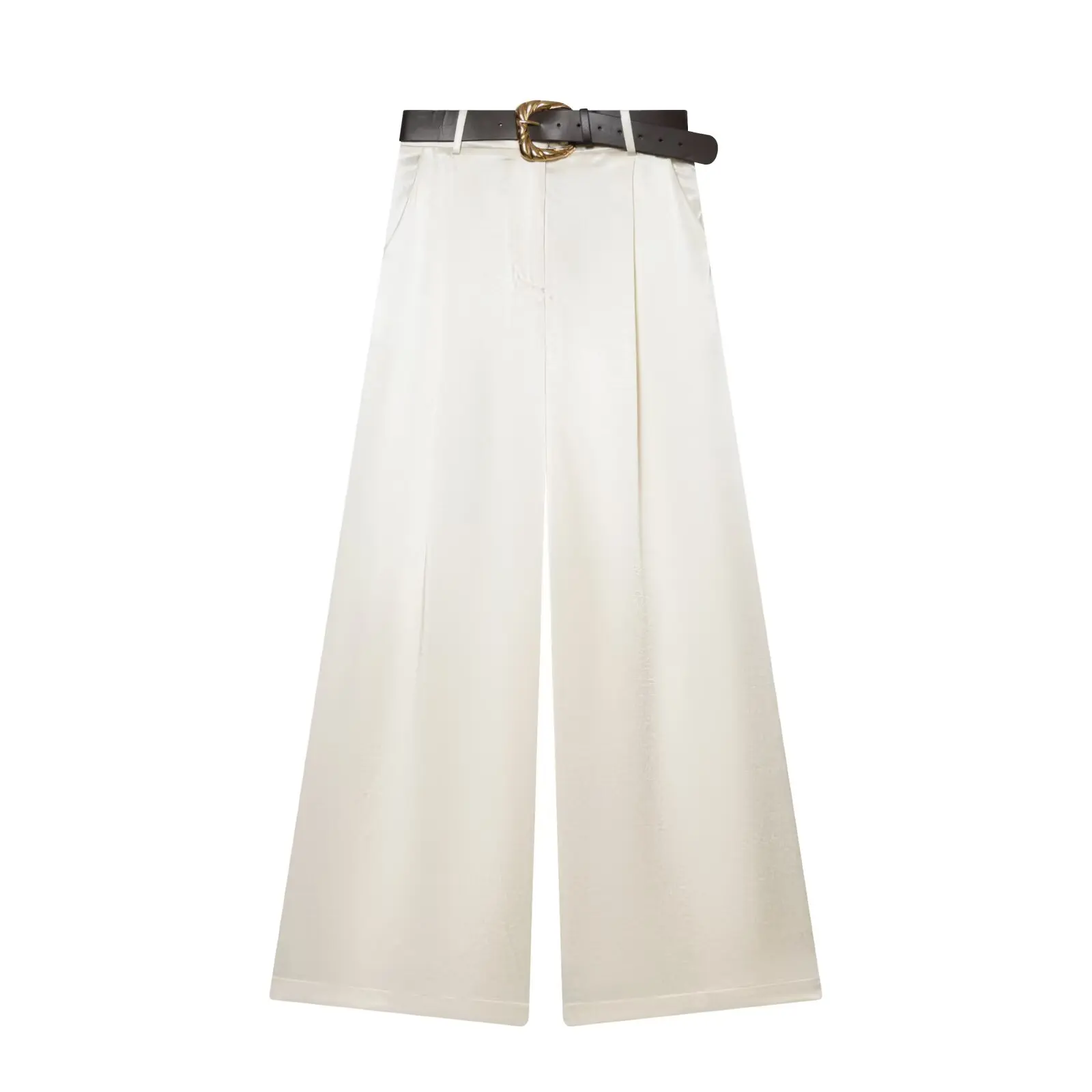 2026 New Fashion Women's Vintage Designer Smooth Satin Pants with Belt Lady Elegant High Waist Loose Wide Leg Straight Trousers